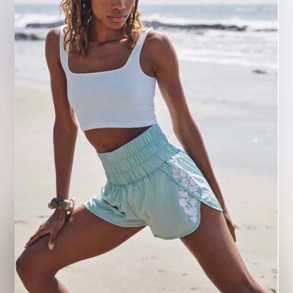 Free People FP Movement Way Home Big Logo Shorts in Turquoise Mint NWT - Picture 3 of 4